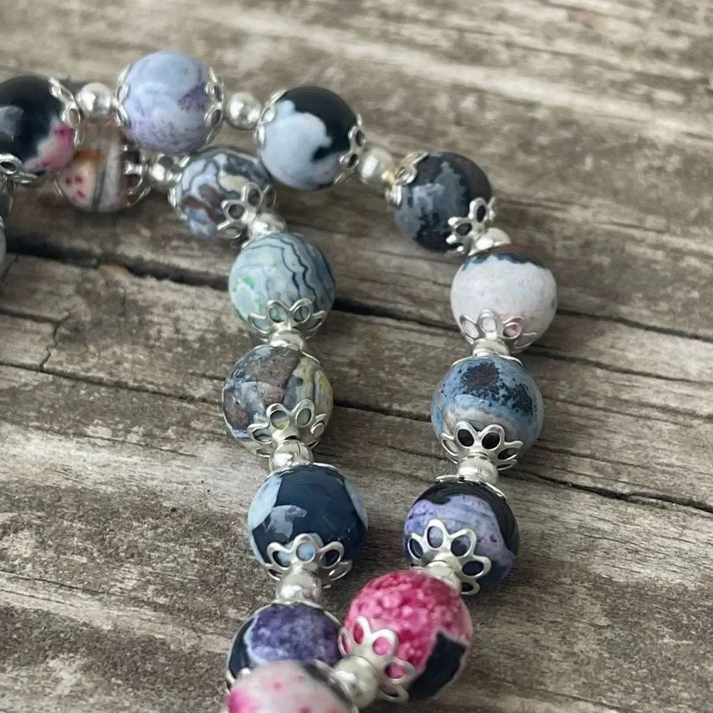 Colorful orca stretch bracelet silver tone black blue pink beads beaded NEW dyed